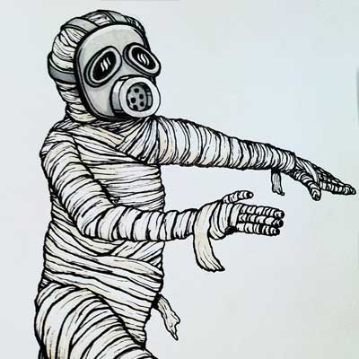 A mummy in a gas mask
