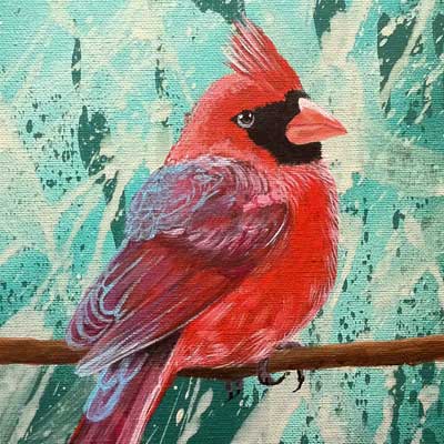 A spray paint and acrylic painting of a cardinal