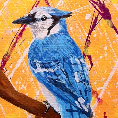 A spray paint and acrylic painting of a blue jay
