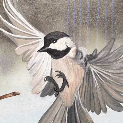 A spray paint and acrylic painting of a chickadee landing on a branch version 2