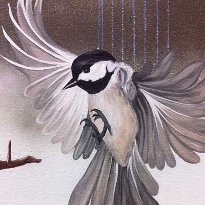 A spray paint and acrylic painting of a chickadee landing on a branch version 2