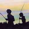 A spray paint and acrylic painting of a father and child fishing