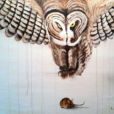 A spray paint and acrylic painting of an owl hunting