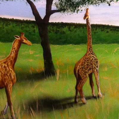 A spray paint and acrylic painting of giraffes