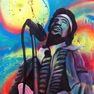 A spray paint and acrylic painting of Jimmi Hendrix