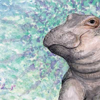 Let Me See That Hippo Smile - Animanls From Chaos - Dvorsky Art - Watercolor painting of a hippo in abstraction