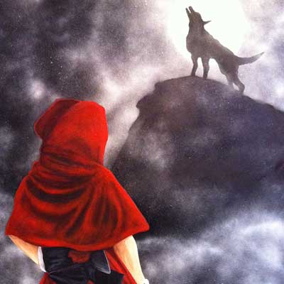 A spray paint and acrylic painting of little red ridding hood watching a wolf howl