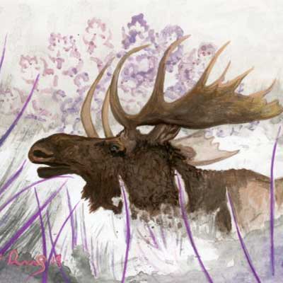 Mr. Mauve Moose - Animanls From Chaos - Dvorsky Art - Watercolor painting of a moose in abstraction