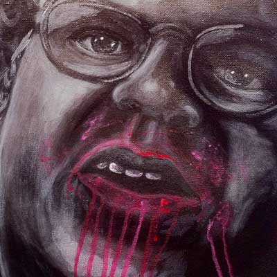 A spray paint and acrylic painting of Dr. Steve Brule sweet berry wine